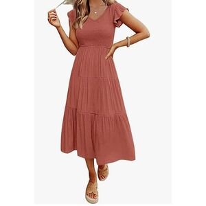 Merokeety Rust Orange Smocked Maxi Dress V-Neck Flutter Sleeve Tiered Boho Small